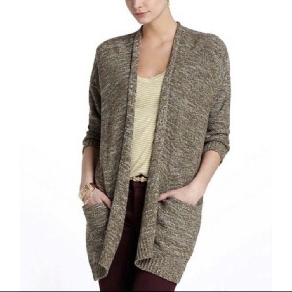 Anthropologie Sparrow Long Line Cotton Blend 3/4 Sleeve Green Marled Cardigan